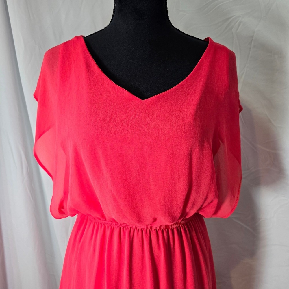 Buttons Coral Pink Chiffon Open Back Mini Dress Womens Medium V-Neck